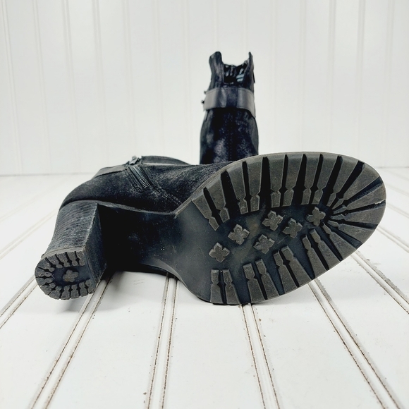 Crown Vintage Black Faux Suede Zip Up Block High Heel Ankle Booties K627 - Picture 8 of 13